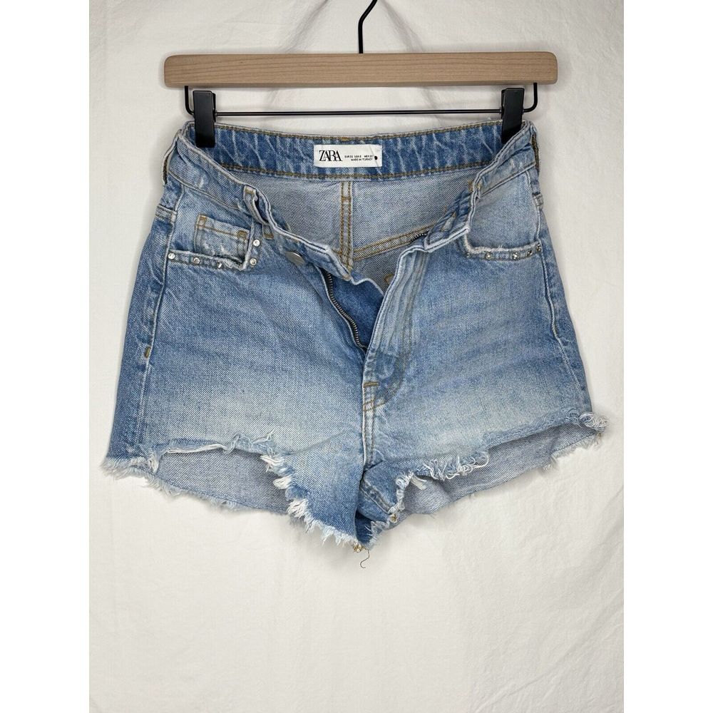 ZARA WOMENS SIZE 0 HIGH RISE RHINESTONE SHORTS RIPPED BLUE